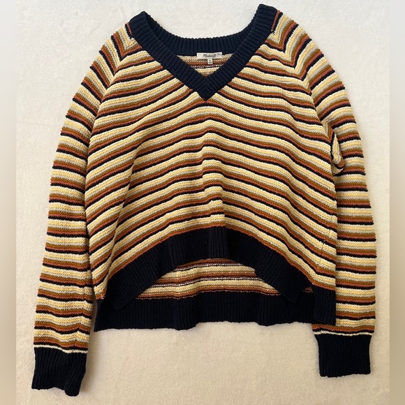 Madewell Arden VNeck Multi Cotton Slouchy Striped Sweater Sz XL 90s Gilmore Girl - Picture 2 of 10